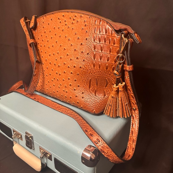 Elegant Brown Faux Ostrich Leather Crossbody With Tassels - Picture 2 of 8